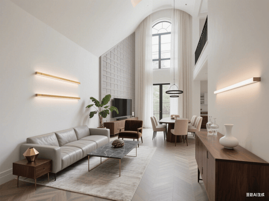 Stylish living room featuring modern metallic LED strip wall lights, elegant furniture, and natural lighting.