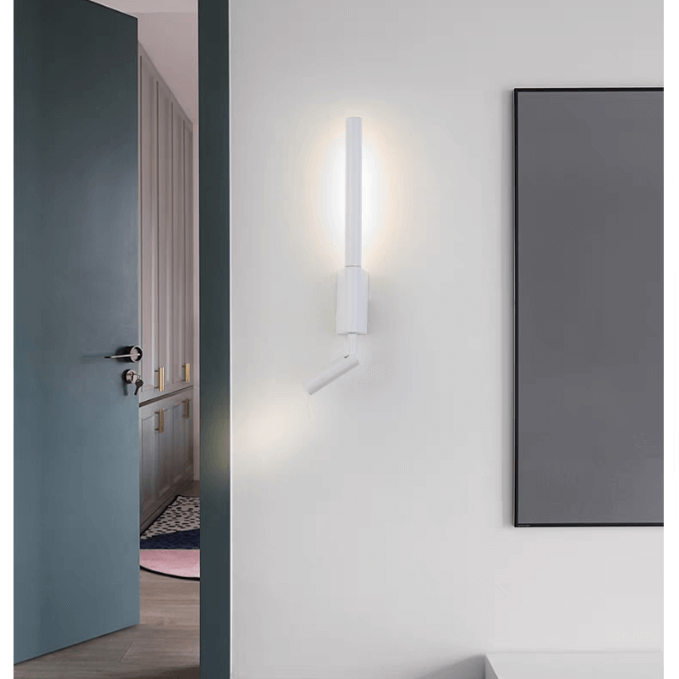 360° rotatable up/down wall light in modern minimalist design, illuminating a living space with warm white LED.