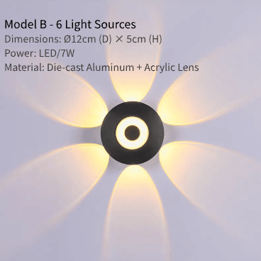 LED Wall Light Model B with 6 light sources, die-cast aluminum, and acrylic lens, elegant floral design, ideal for indoor/outdoor use.
