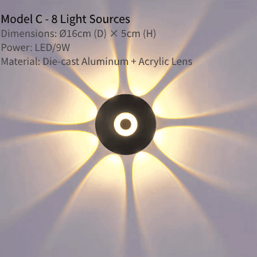 LED wall light model C with eight light sources, matte black finish, die-cast aluminum and acrylic lens design.