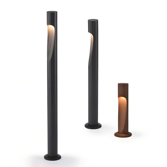 Sleek minimalist garden lamps in various heights, showcasing waterproof design and LED lighting for outdoor spaces.