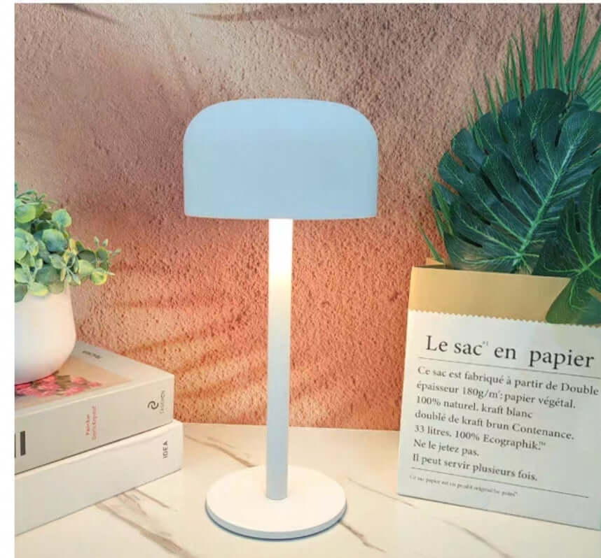 Modern white desk lamp with a rounded shade, placed next to books and a decorative plant.