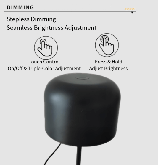 Black dimmable lamp with touch control for seamless brightness adjustment and triple-color options.