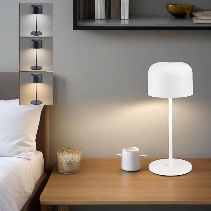 Dimmable LED Battery Table Lamp on a bedside table with touch control and color options.