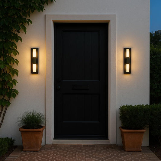 outdoor waterproof LED wall lamp illuminating black entrance door, modern design, placed on either side of doorway.