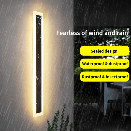 Waterproof Linear Wall Light for Corridor/Staircase, IP65 illuminating a rainy environment, showcasing its durability.
