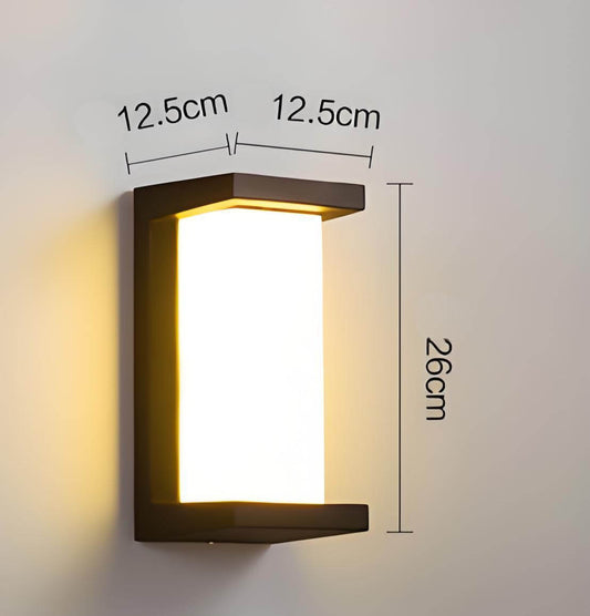 Outdoor LED wall light dimensions 12.5cm x 12.5cm x 26cm, modern minimalist design for exterior use.