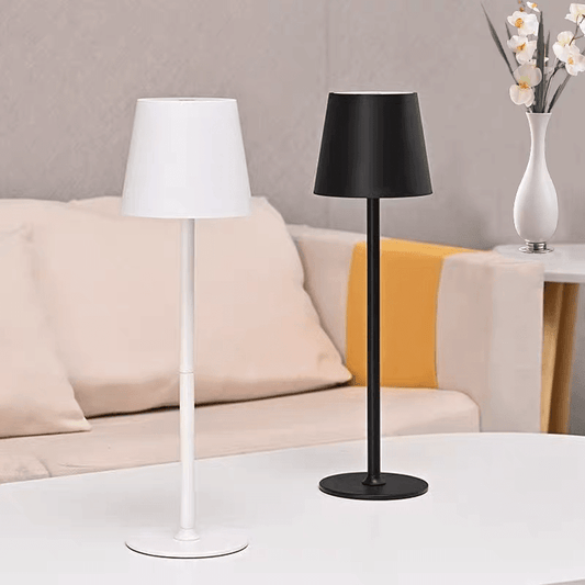 Rechargeable table lamps in white and black, perfect for dining table centerpiece and bedside lighting.