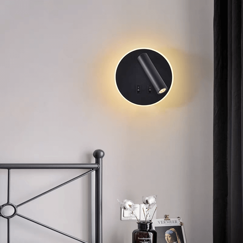rotatable LED reading wall lamp – Dual-Head Dual Control installed on bedroom wall with ambient lighting.