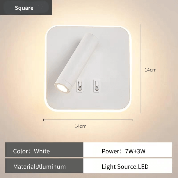 rotatable LED reading wall lamp – Dual-Head Dual Control mounted on a white square wall.