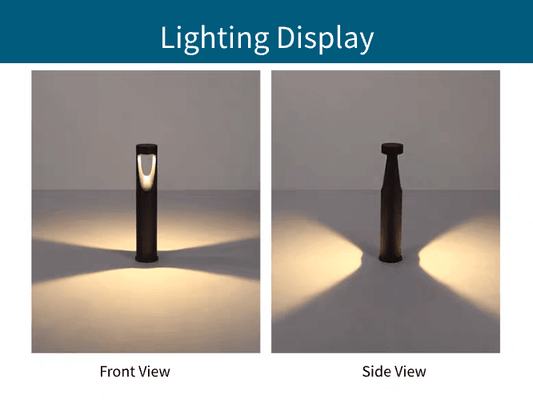 Front and side views of sleek outdoor lawn lights showcasing their illumination effects.