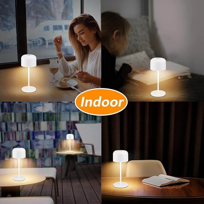 Dimmable LED Battery Table Lamp displayed in various indoor settings, highlighting modern minimalist touch control and soft natural light.