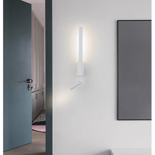 360° rotatable up/down wall light in modern minimalist design, illuminating a living space with warm white LED.