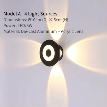 LED wall light model A with 4 light sources, die-cast aluminum and acrylic lens, perfect for indoor and outdoor use.