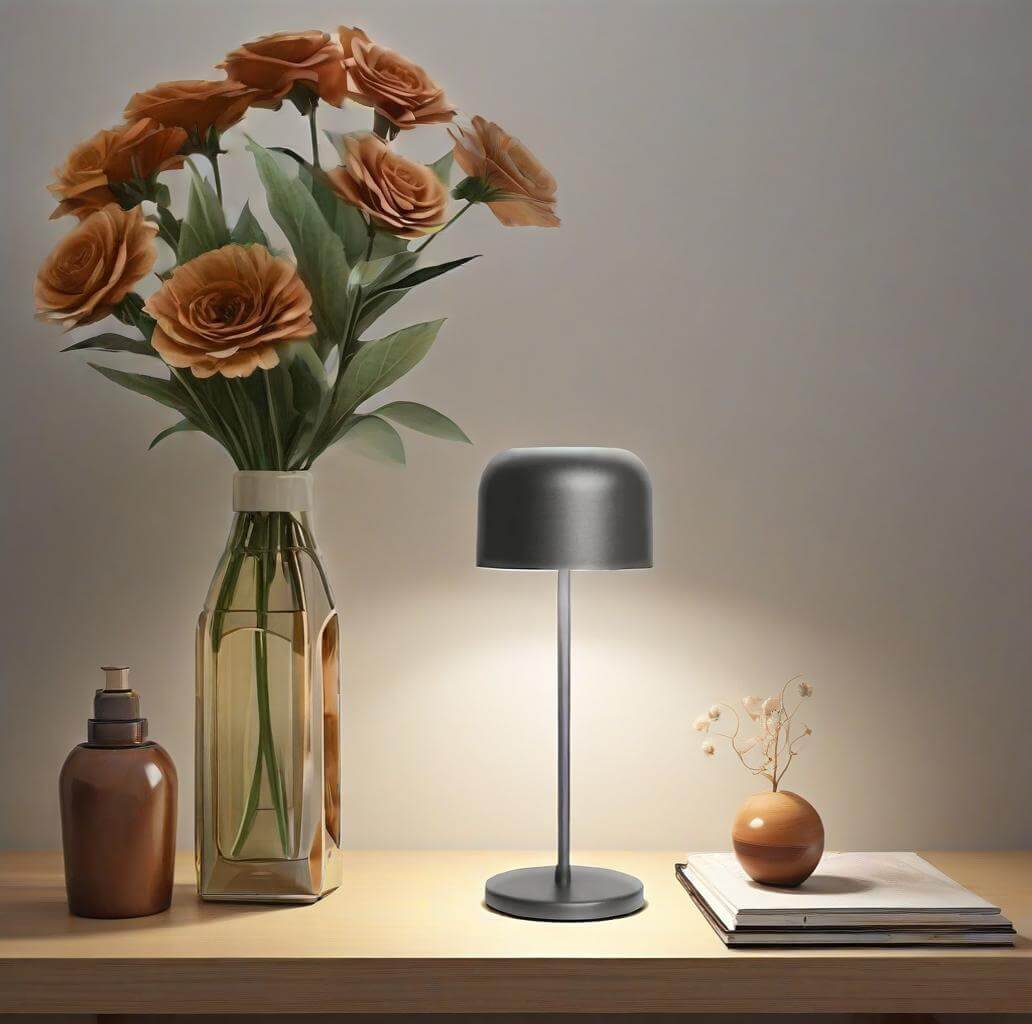 Contemporary table setup featuring a modern lamp, vase of roses, and decorative items on a wooden surface.