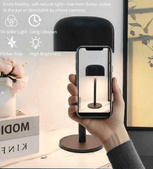 A person using a smartphone to capture a photo of a modern lamp that emits flicker-free, healthy light.