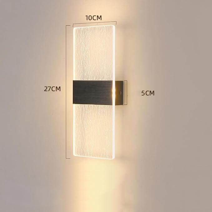 Modern aluminum acrylic LED wall lamp with dimensions 10cm x 27cm x 5cm, perfect for bedroom lighting.