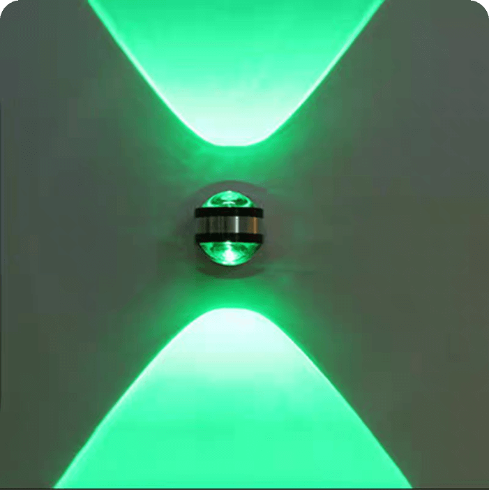 Modern LED wall light with green up/down lighting and sleek aluminum design, ideal for ambient settings.