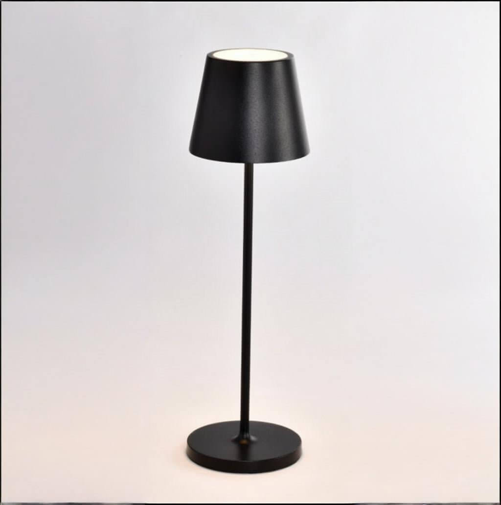 Rechargeable tall table lamp with sleek black aluminum shade, ideal for dining table centerpiece or bedside lighting.