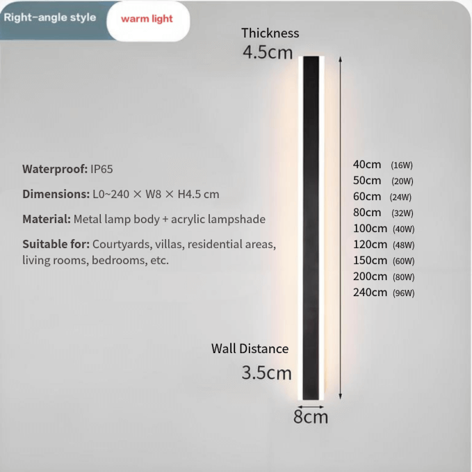 Modern black LED outdoor wall light with warm ambiance, IP65 waterproof, suitable for various spaces.