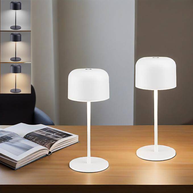 Dimmable LED Battery Table Lamp with touch control and three color options on a desk