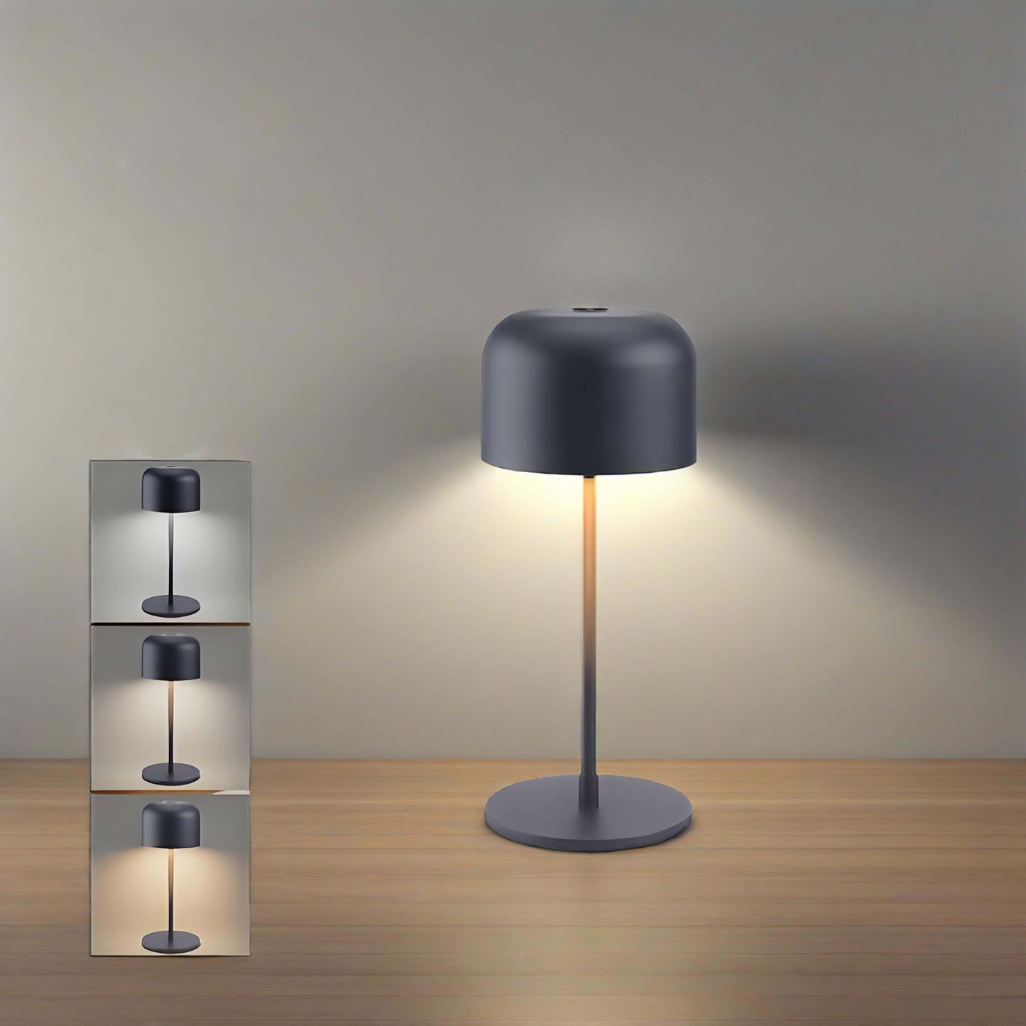 Dimmable LED Battery Table Lamp with touch control and color-changing options on a wooden table.