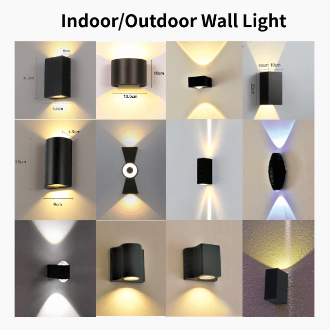 Collage of stylish Indoor/Outdoor wall lights showcasing waterproof designs for garden, balcony, and patio.