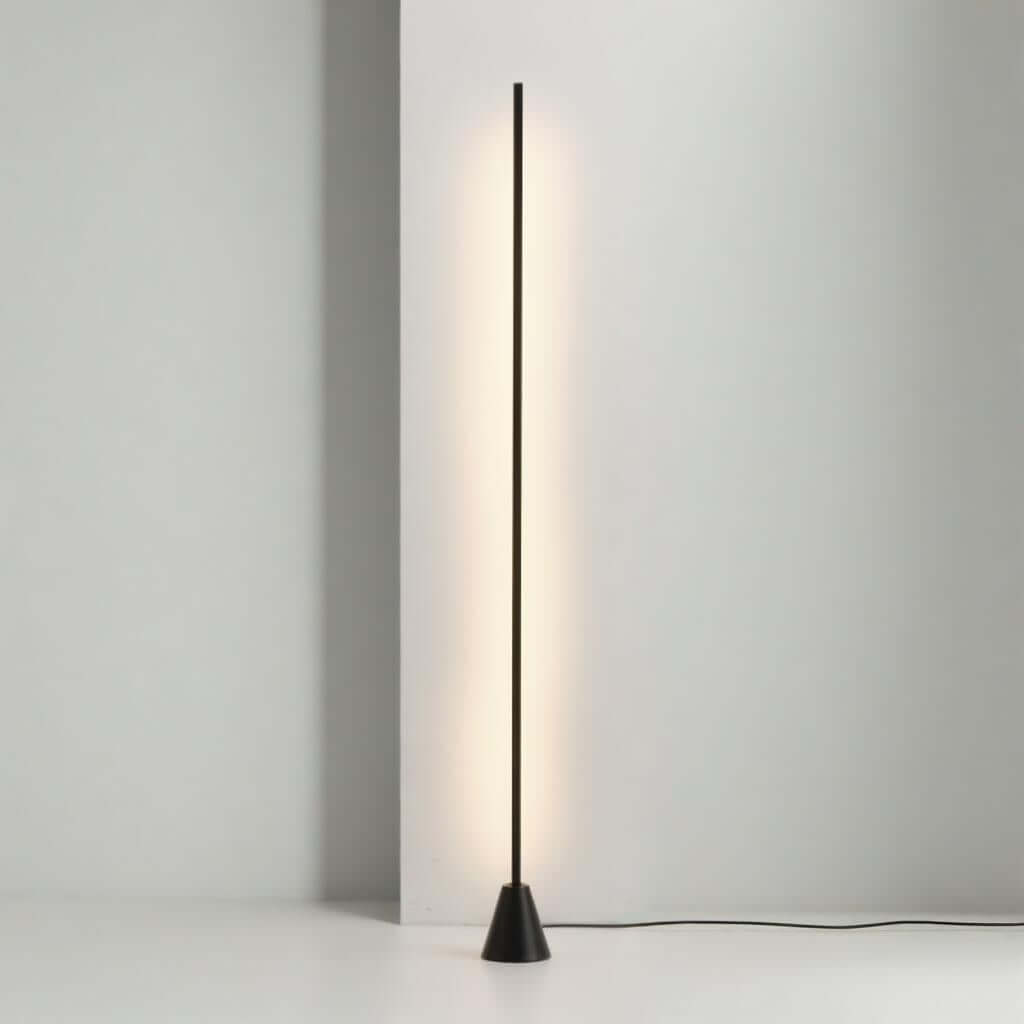 Modern minimalist corner floor lamp with LED light, black finish, designed for contemporary interiors.