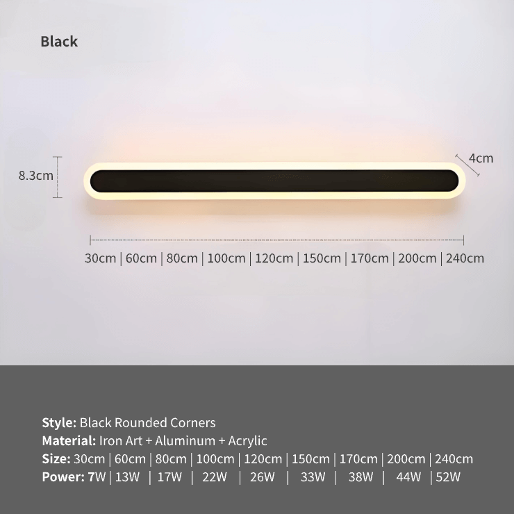 Waterproof Linear Wall Light for Corridor/Staircase, IP65 black rounded corners dimensions and materials.