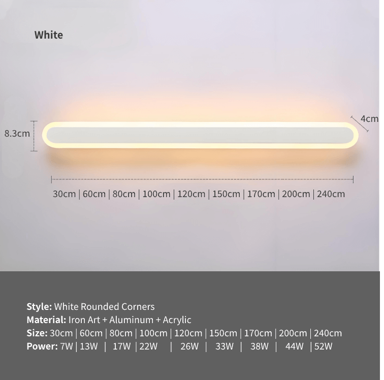Waterproof Linear Wall Light for Corridor/Staircase, IP65 in white with rounded corners and various size options.