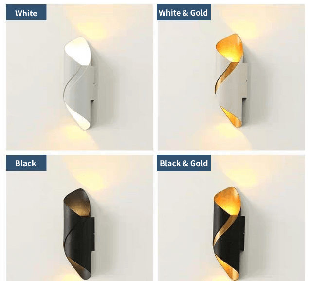 Stylish dual-head waterproof wall light in white, white & gold, black, and black & gold designs for indoor/outdoor use.