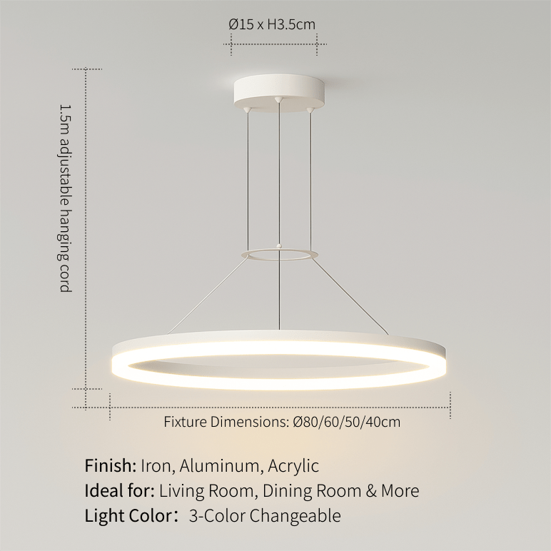 Modern LED Ring Chandelier with adjustable hanging cord, ideal for living room and dining room.