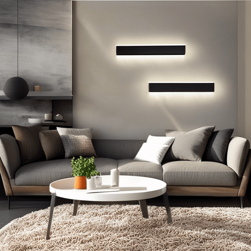 Modern living room featuring two sleek LED strip lights on the wall above a cozy sofa and coffee table.