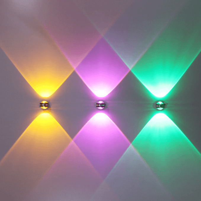 Modern LED wall lights emitting yellow, purple, and green ambient light effects on a wall.