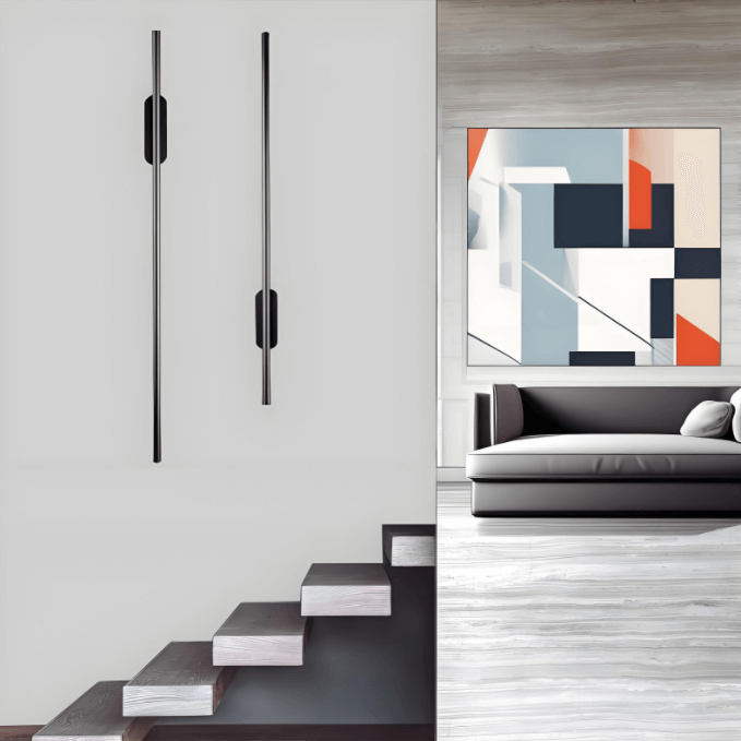 Modern luxury slim wall light, minimalist design illuminating staircase and stylish living room backdrop.