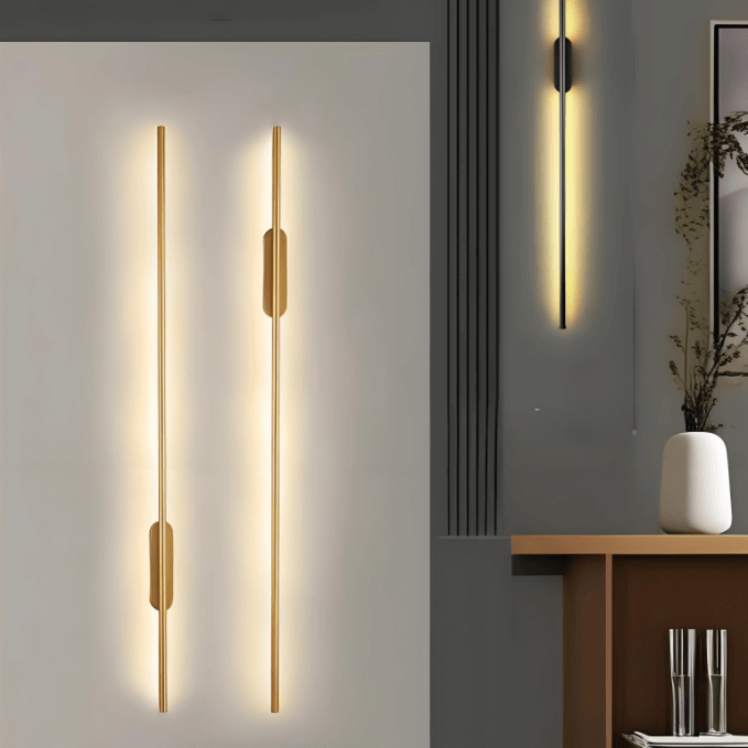 Modern luxury slim wall light with gold accents, illuminating a stylish living space and showcasing minimalist design.