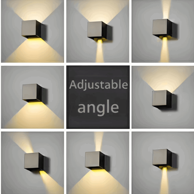 Adjustable angle outdoor LED wall lamp in various lighting positions for enhanced house decor.