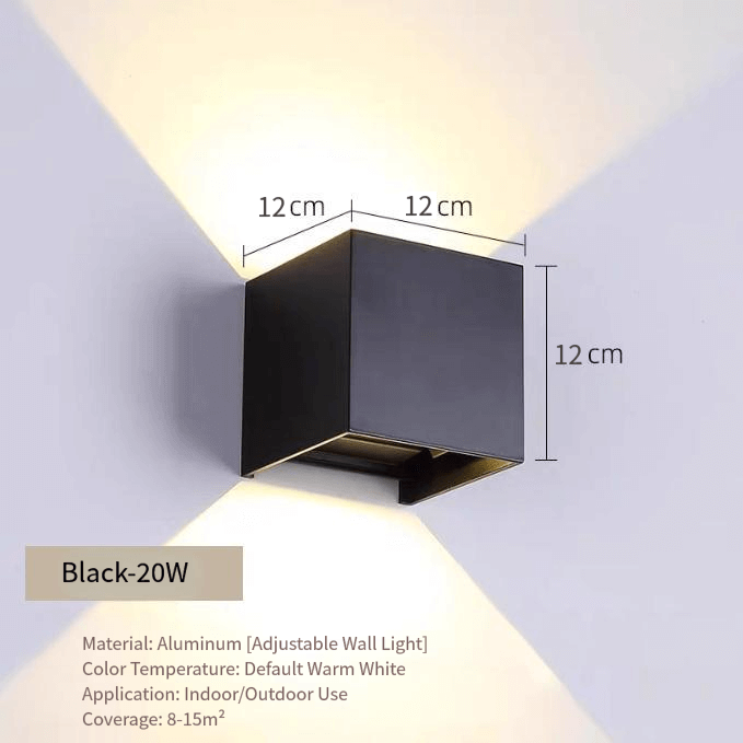 Modern black adjustable wall light made of aluminum, suitable for indoor/outdoor use, featuring warm white LED illumination.