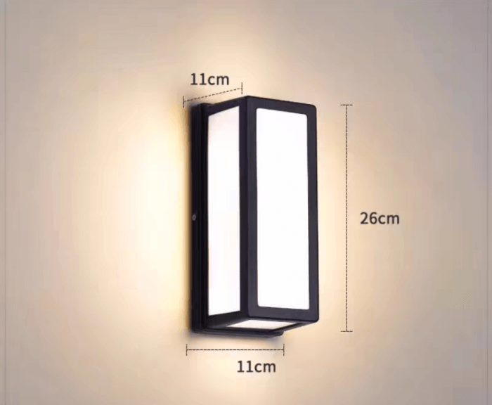 Modern minimalist outdoor LED wall light, waterproof design, measuring 11x11x26cm, ideal for exterior lighting.