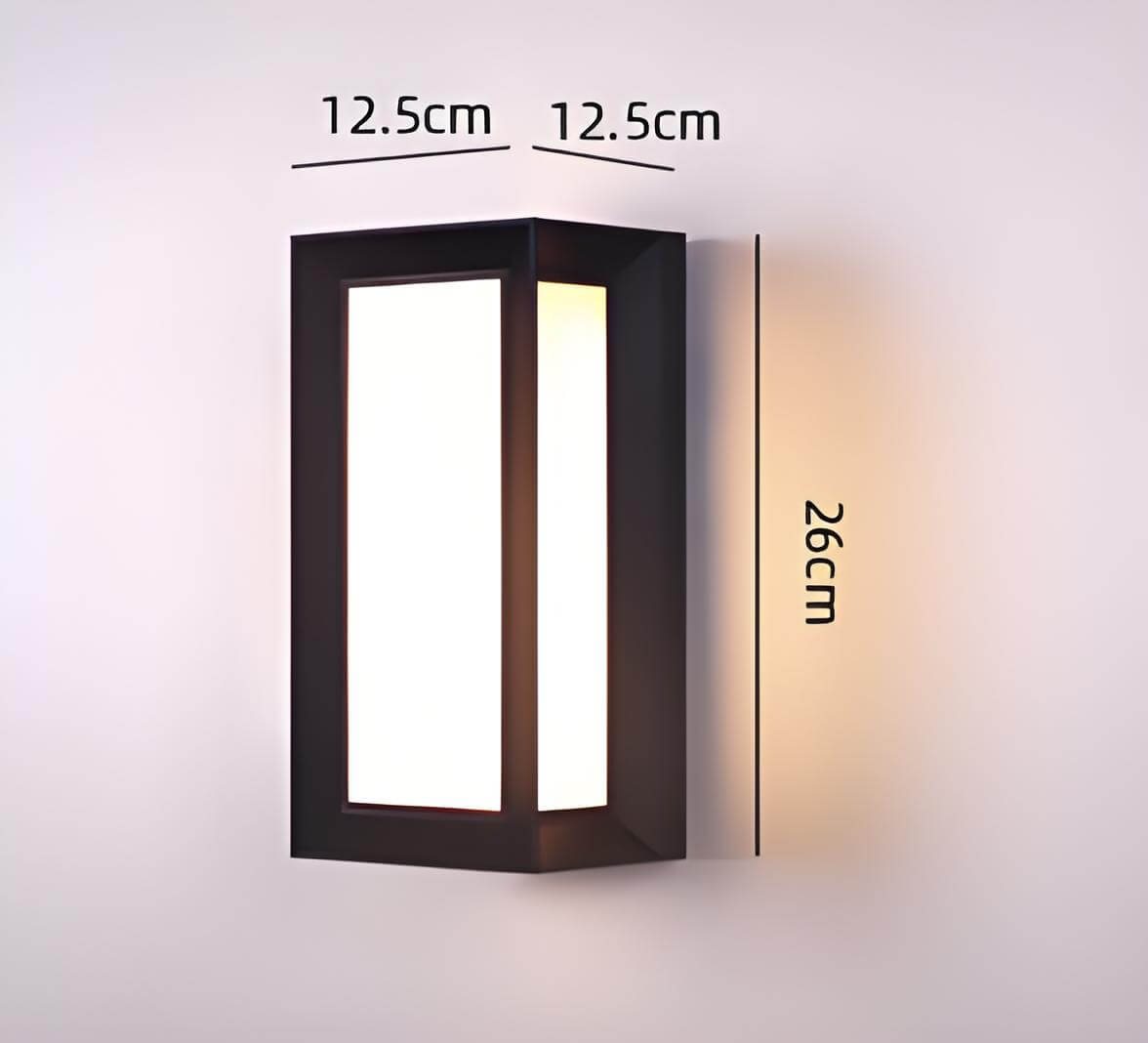 Modern minimalist outdoor LED wall light with waterproof design, dimensions 12.5cm x 12.5cm x 26cm.