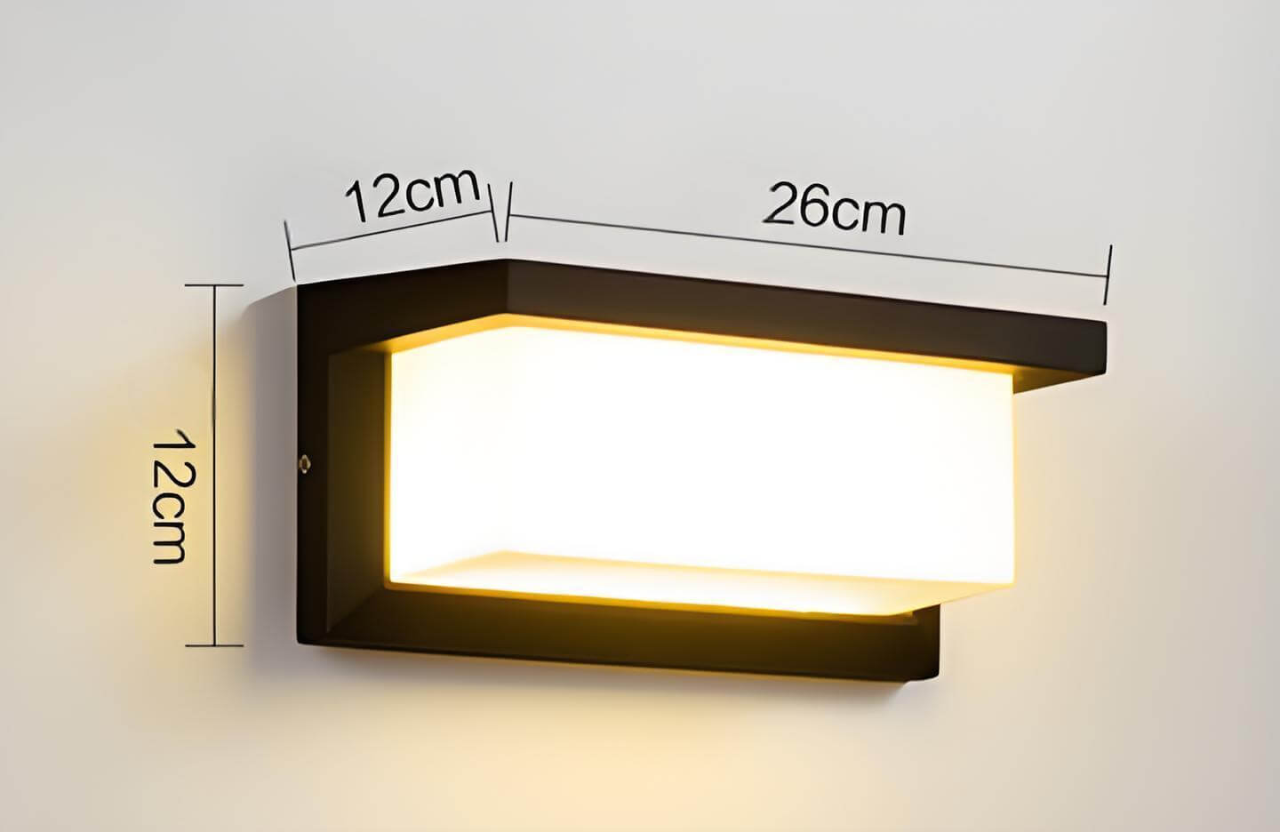 Outdoor LED wall light with modern minimalist design, waterproof and dimensions of 12cm x 26cm.