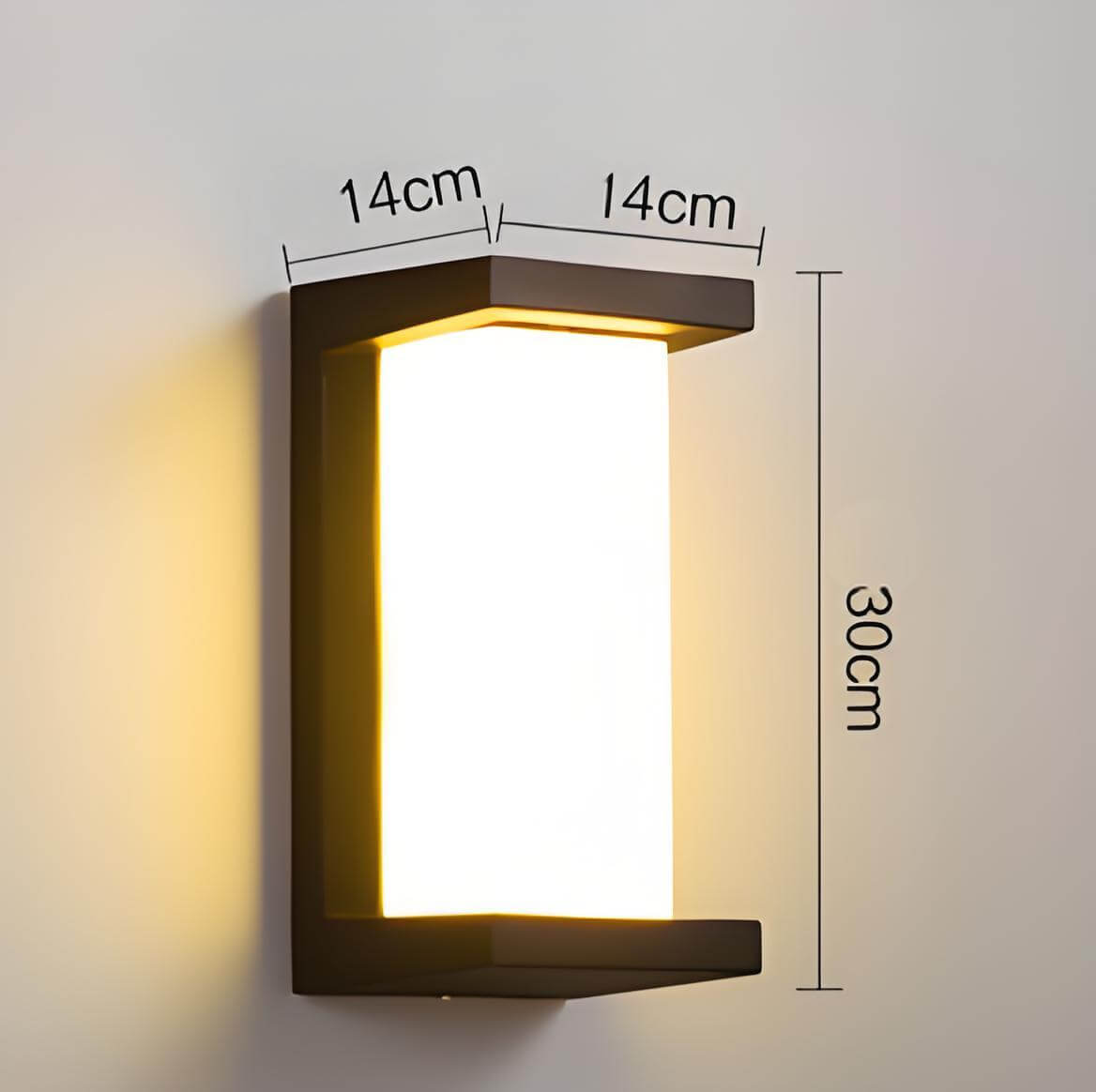 Modern minimalist outdoor LED wall light, waterproof, dimensions 14cm x 14cm x 30cm, perfect for exterior lighting.