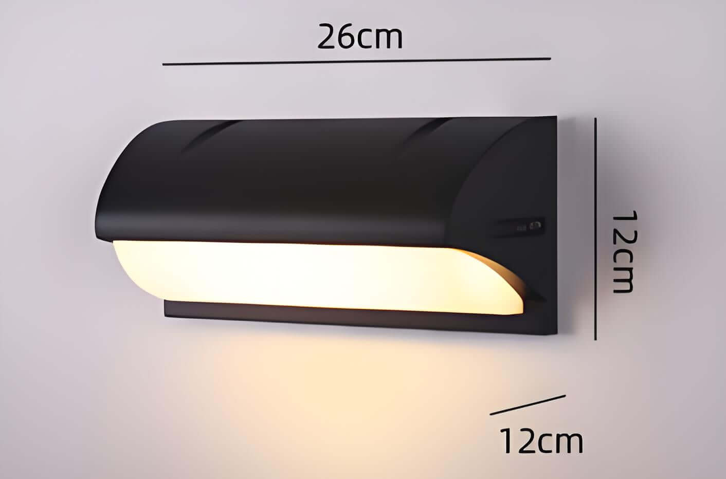 Modern minimalist outdoor LED wall light shown with dimensions 26cm x 12cm, perfect for waterproof exterior lighting.