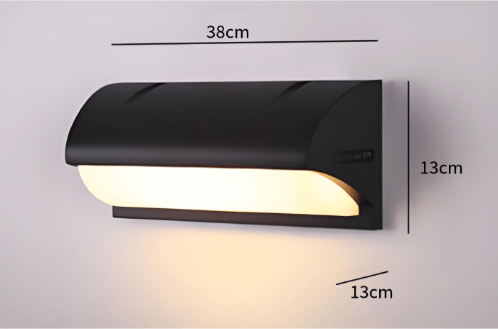 Modern minimalist outdoor LED wall light, waterproof design, dimensions 38cm x 13cm x 13cm, perfect for exterior lighting.