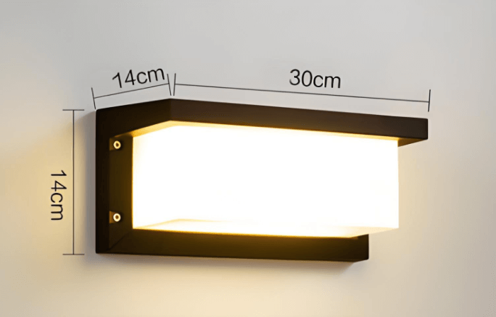 Outdoor LED wall light with dimensions 30cm x 14cm, modern waterproof design for exterior use.