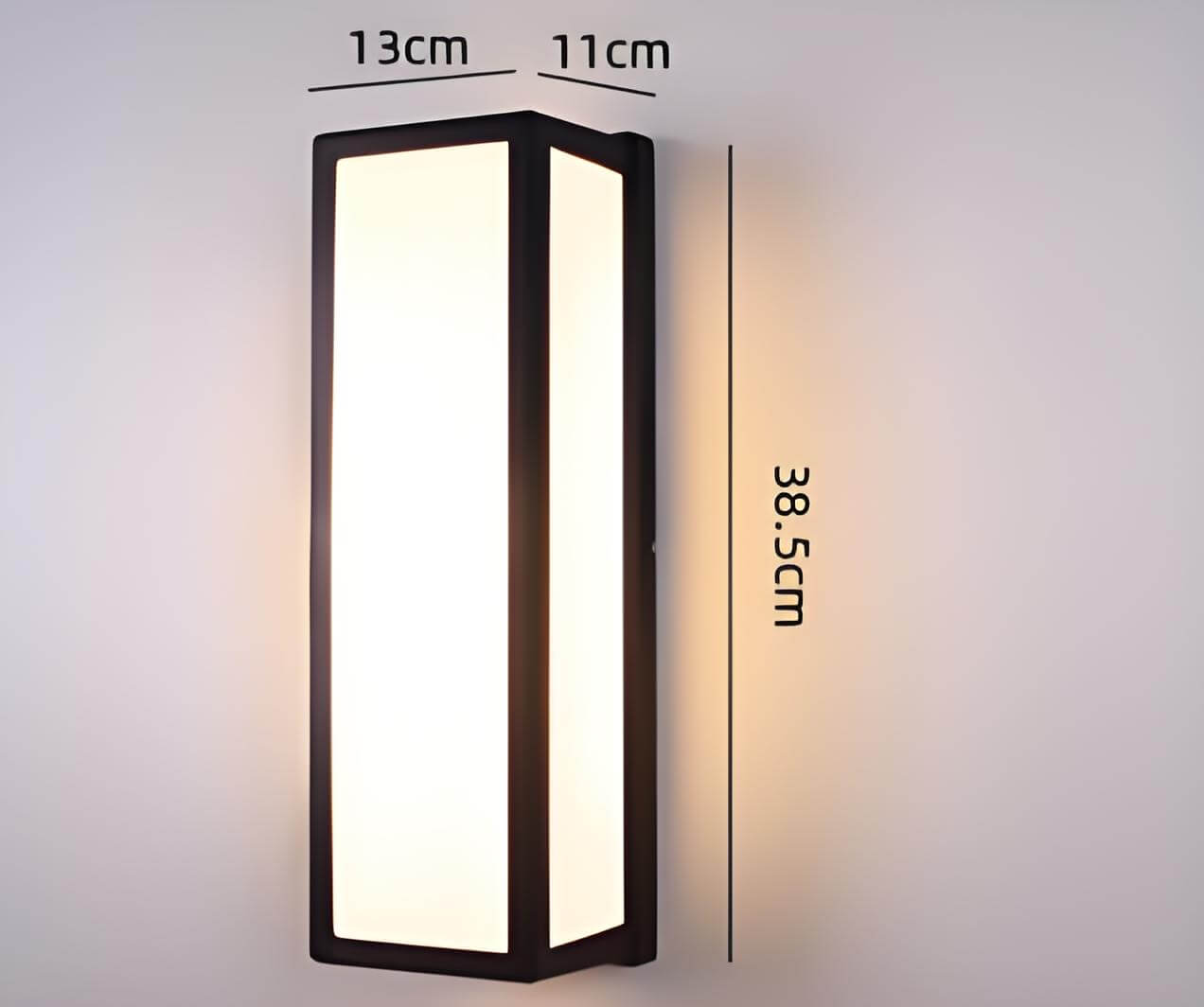 Modern minimalist outdoor LED wall light measuring 38.5cm high and 13cm wide, perfect for waterproof exterior lighting.