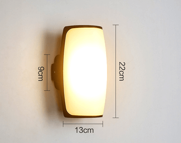 Modern minimalist outdoor LED wall light, waterproof with dimensions 22cm x 13cm x 9cm.