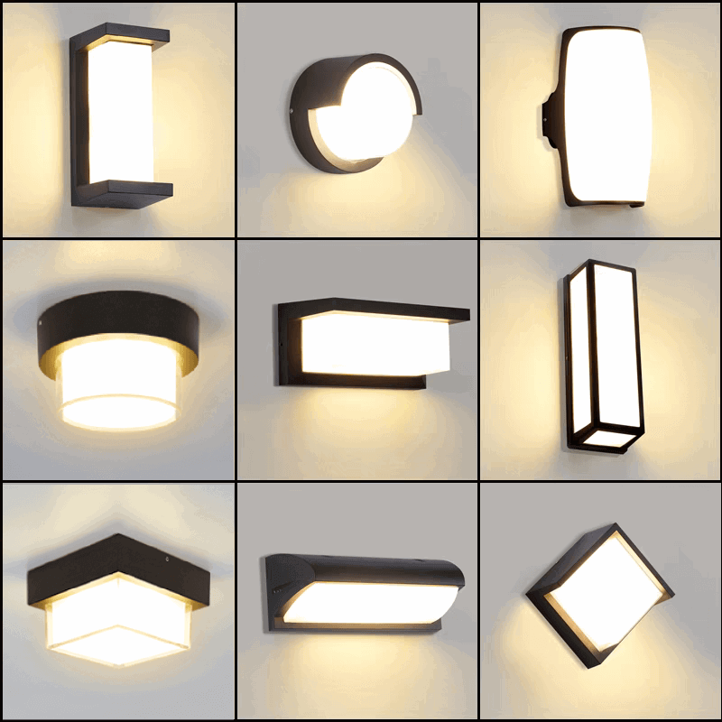 Collage of modern minimalist outdoor LED wall lights in various designs, showcasing waterproof exterior lighting options.
