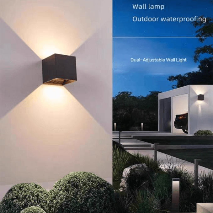 Outdoor waterproof LED wall lamp with dual-adjustable features, modern design, and bright illumination.