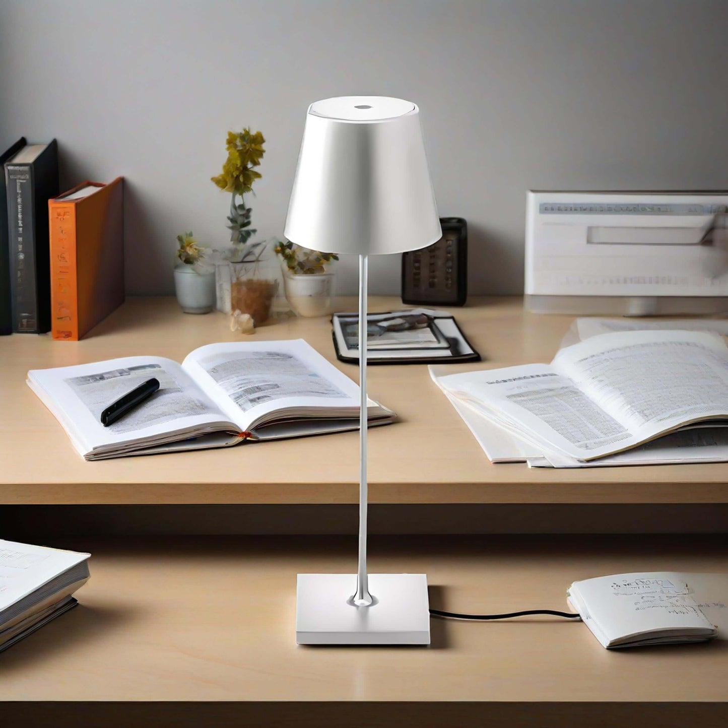 Rechargeable wrought iron stemmed cup desk lamp on a study table, providing adjustable reading light.